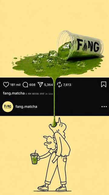 Fang Matcha Illustration: ausgeschütteter Becher und Figur mit Becher